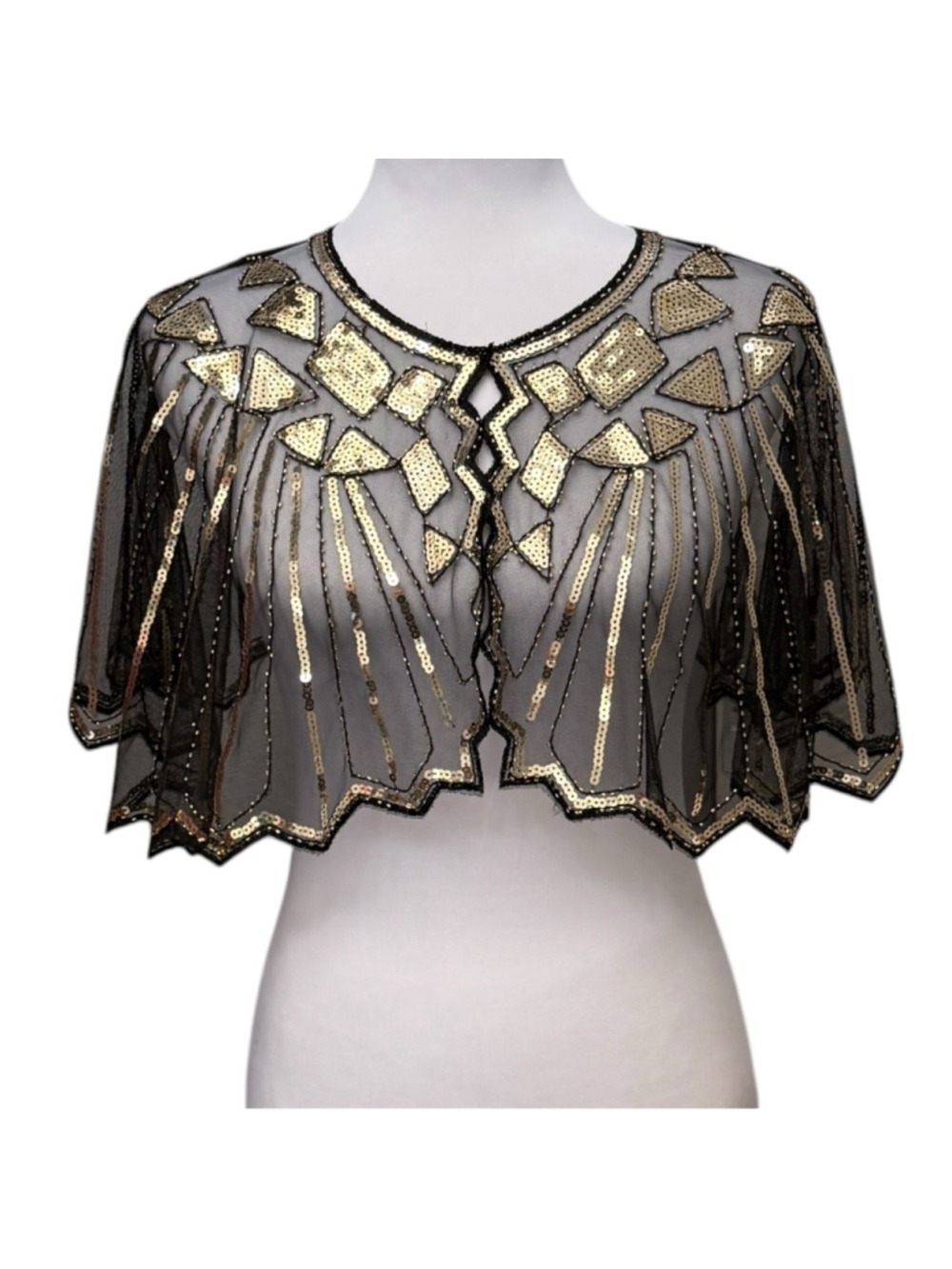 Art Deco Sequin Capelet Black Gold Beaded Overlay O/S - Picture 2 of 3